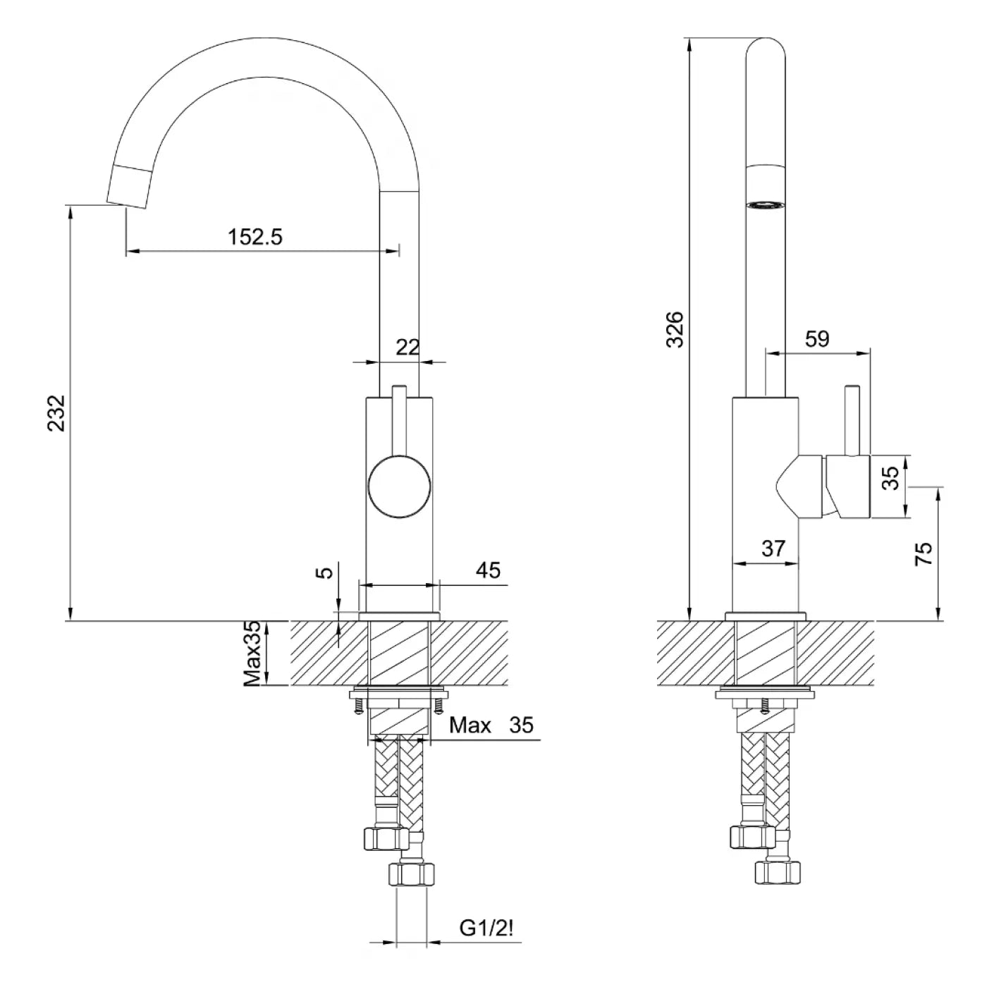 Μπαταρία νεροχύτη πάγκου ψηλή αναμεικτική INOX 316L INTERFLEX ANDROMEDA