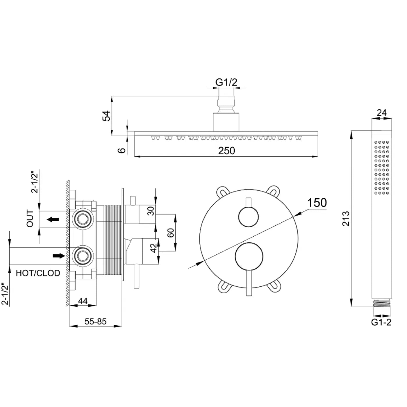 Σετ μπαταρία ντουζιέρας εντοιχισμού αναμεικτική INOX 316L ΔΥΟ ΡΟΩΝ INTERFLEX ANDROMEDA